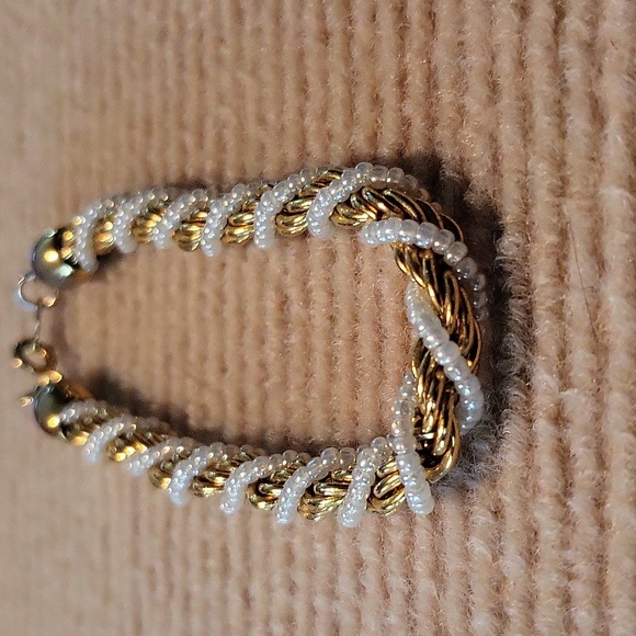 Trifari Twisted Rope Bracelet Faux Seed Pearl and Gold - Picture 5 of 8